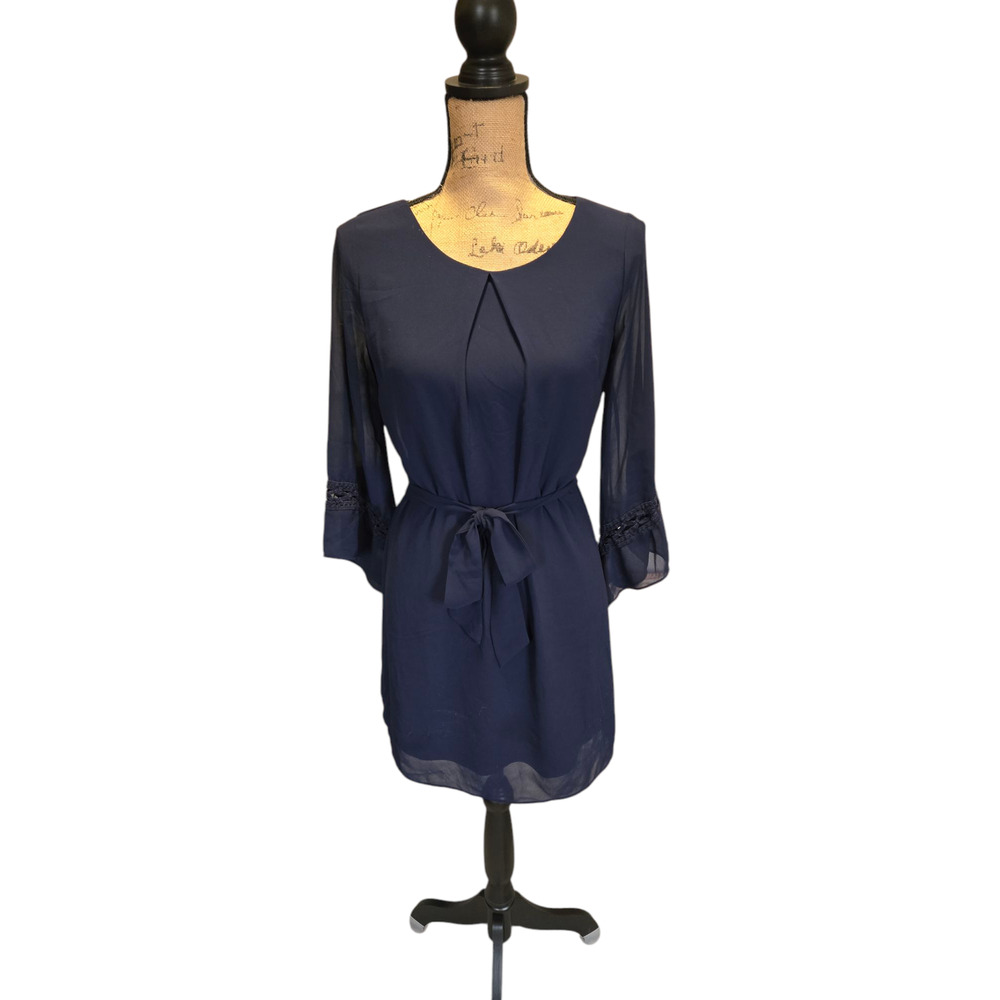 BCX navy blue bell sleeve knee length dress with belt, size small